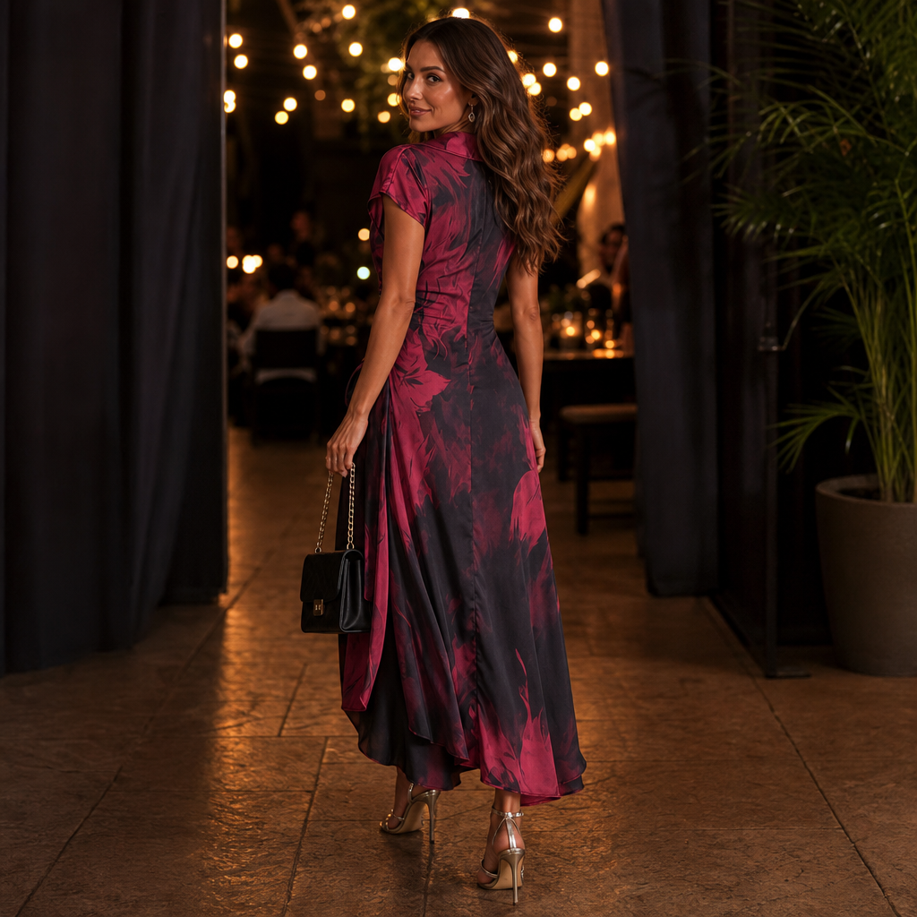 Vellora – Abstract Print Wrap Midi Dress