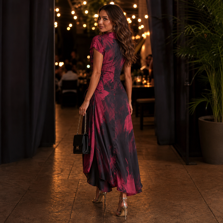 Vellora – Abstract Print Wrap Midi Dress