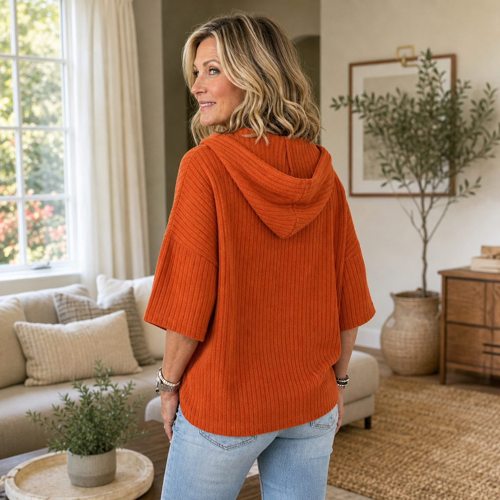 Ribella – Ribbed Half-Zip Hooded Knit Top