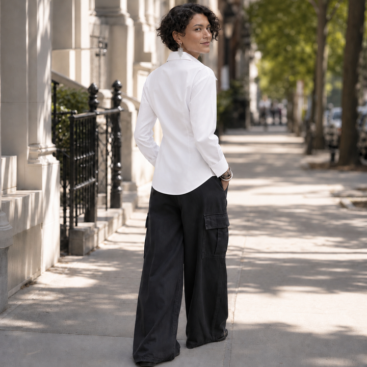 Vela Twist – Diagonal Wrap Hem Cotton Shirt
