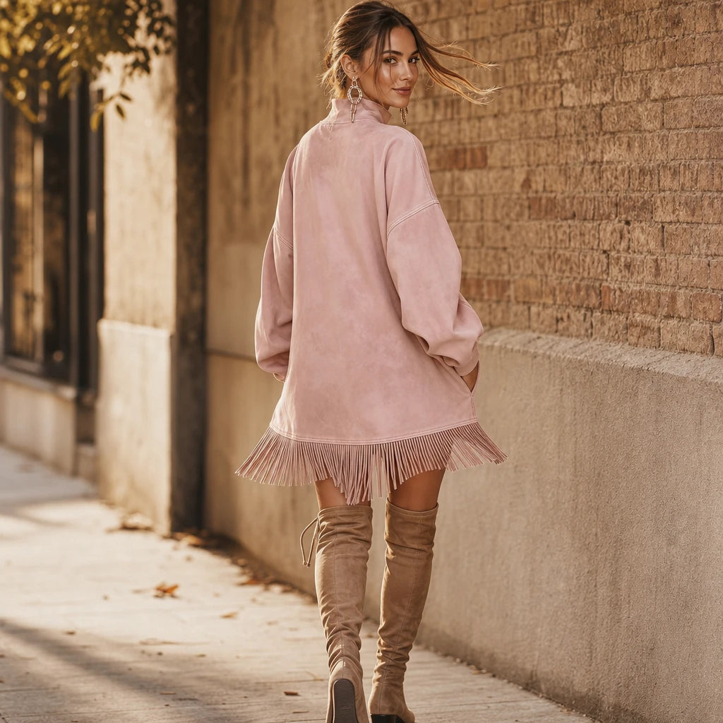 Suede Swing – Faux Suede Fringe Turtleneck Dress