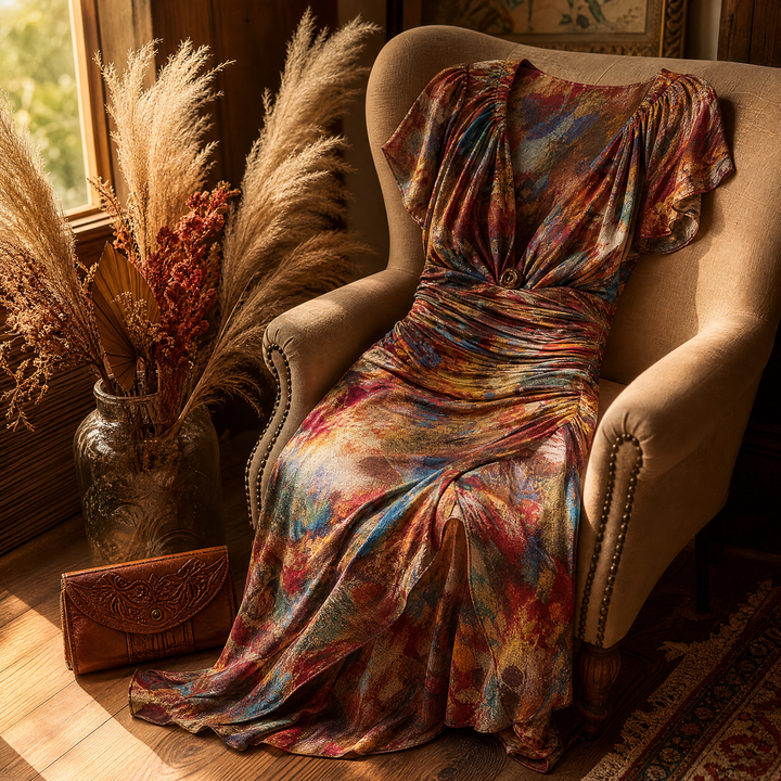 Elowen – Women's Watercolor Ruched Midi Dress