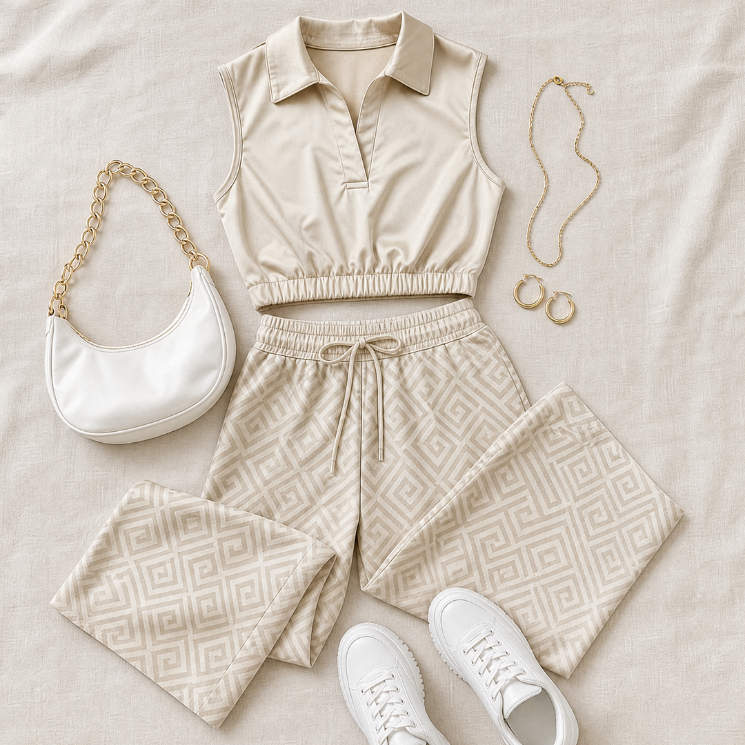 Lunavia – Women's Collared Two-Piece Set with Wide-Leg Pants
