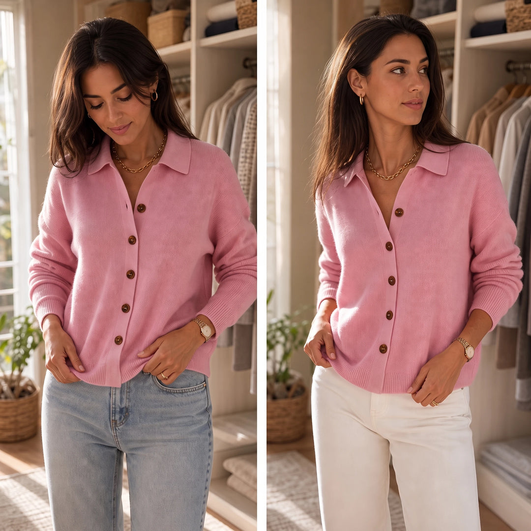 Wearbella – Contrast-Button Turn-Back Collar Knit Cardigan