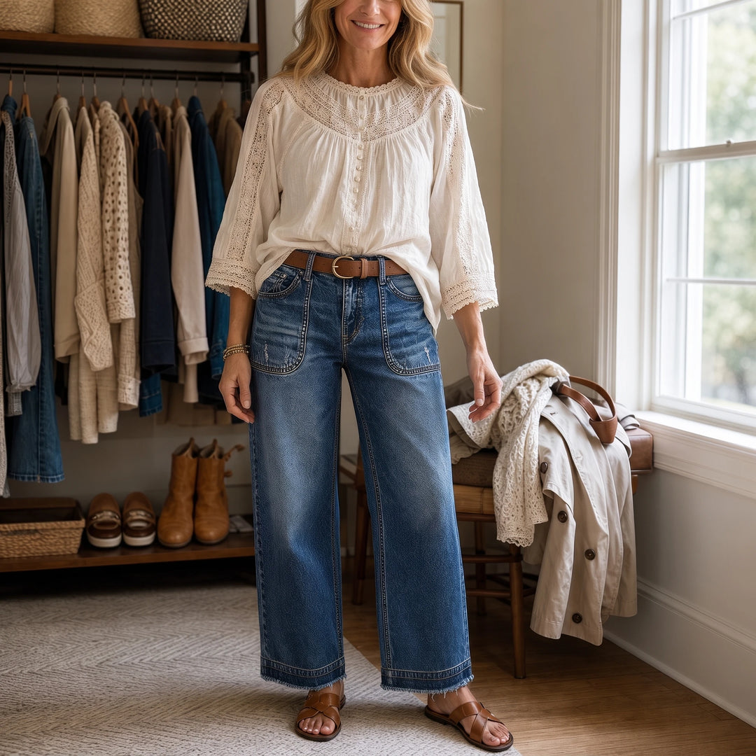 Vintara – Patch Pocket Distressed Straight-Leg Jeans