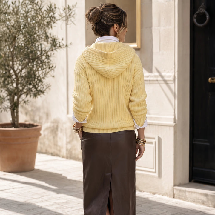Sunlithe – Hooded Ribbed Collar Half-Zip Knit Pullover