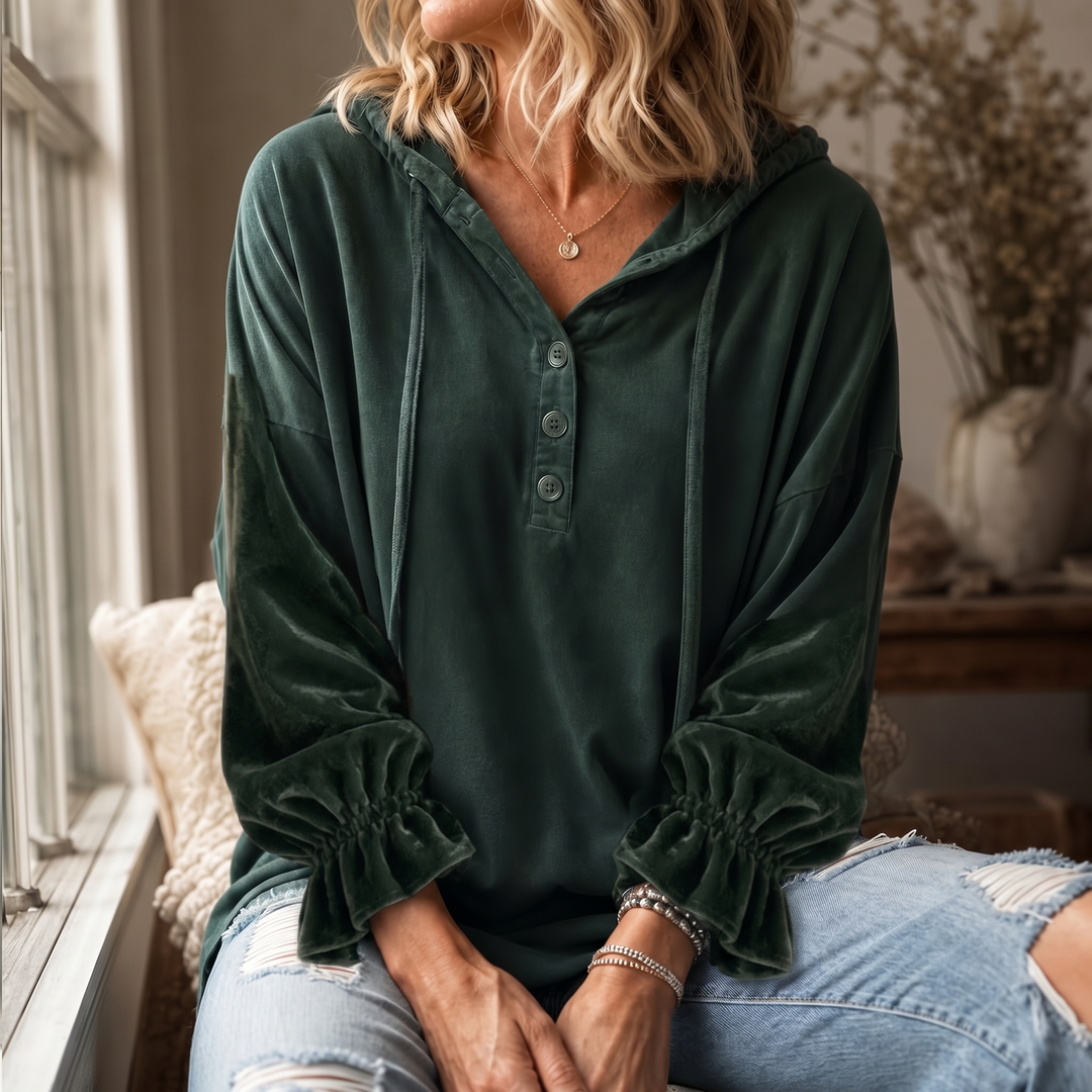 Drapella – Lantern Sleeve Ruffled Cuff Hoodie