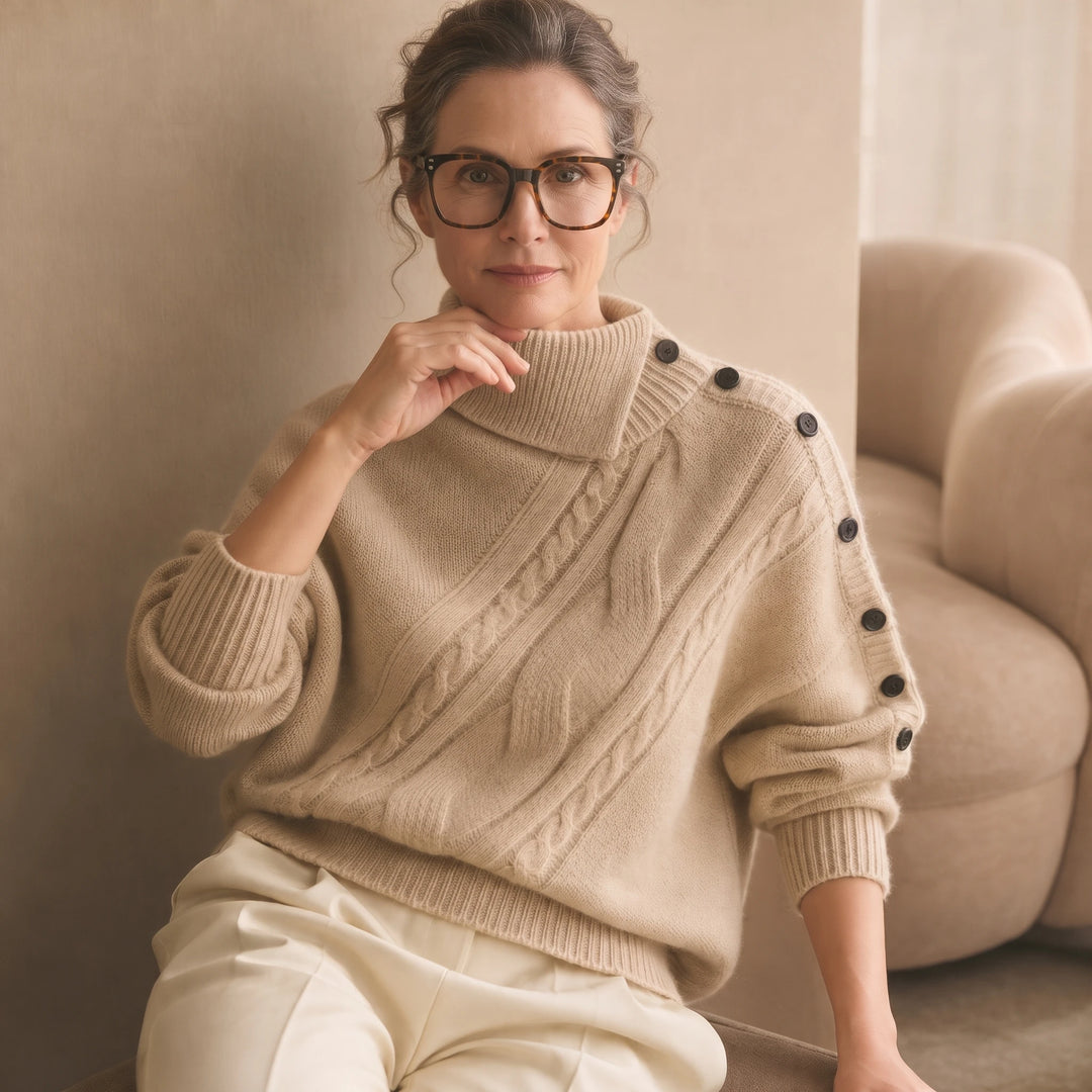 Cabledge – Diagonal Cable-Knit Button-Neck Sweater