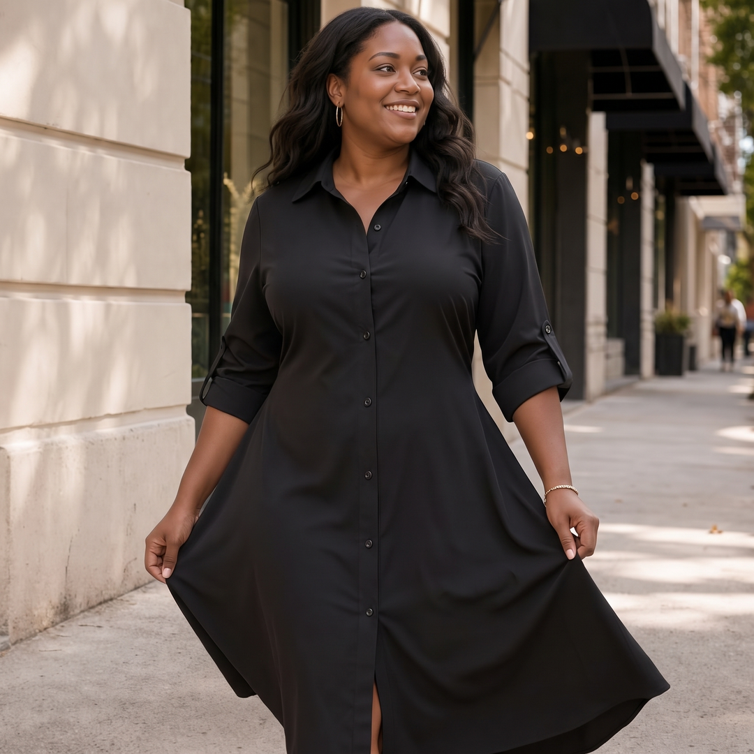 Drapeelle – Satin Button-Front Shirt Dress