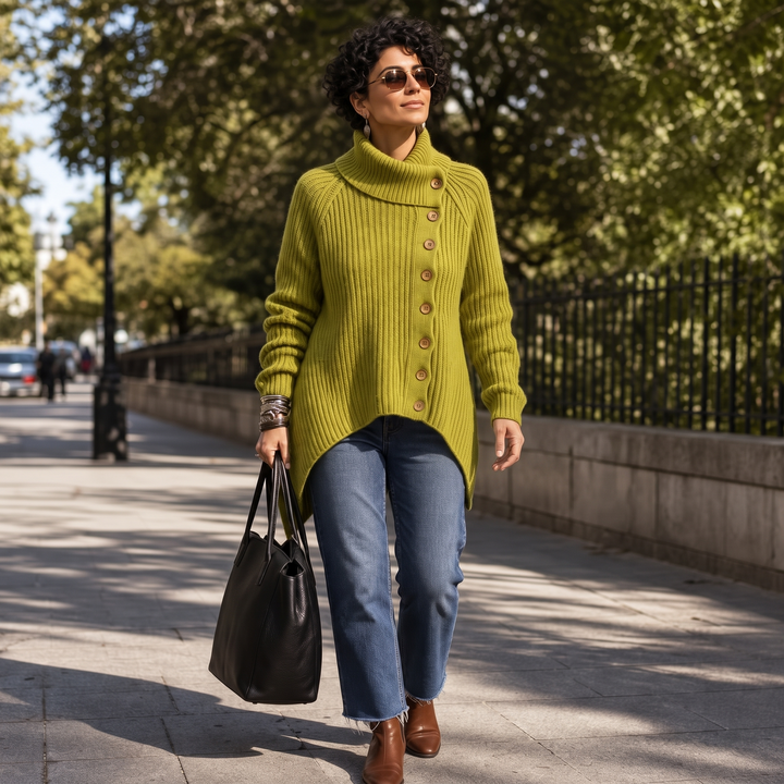 Vivid Muse – Asymmetric High-Neck Knit Sweater