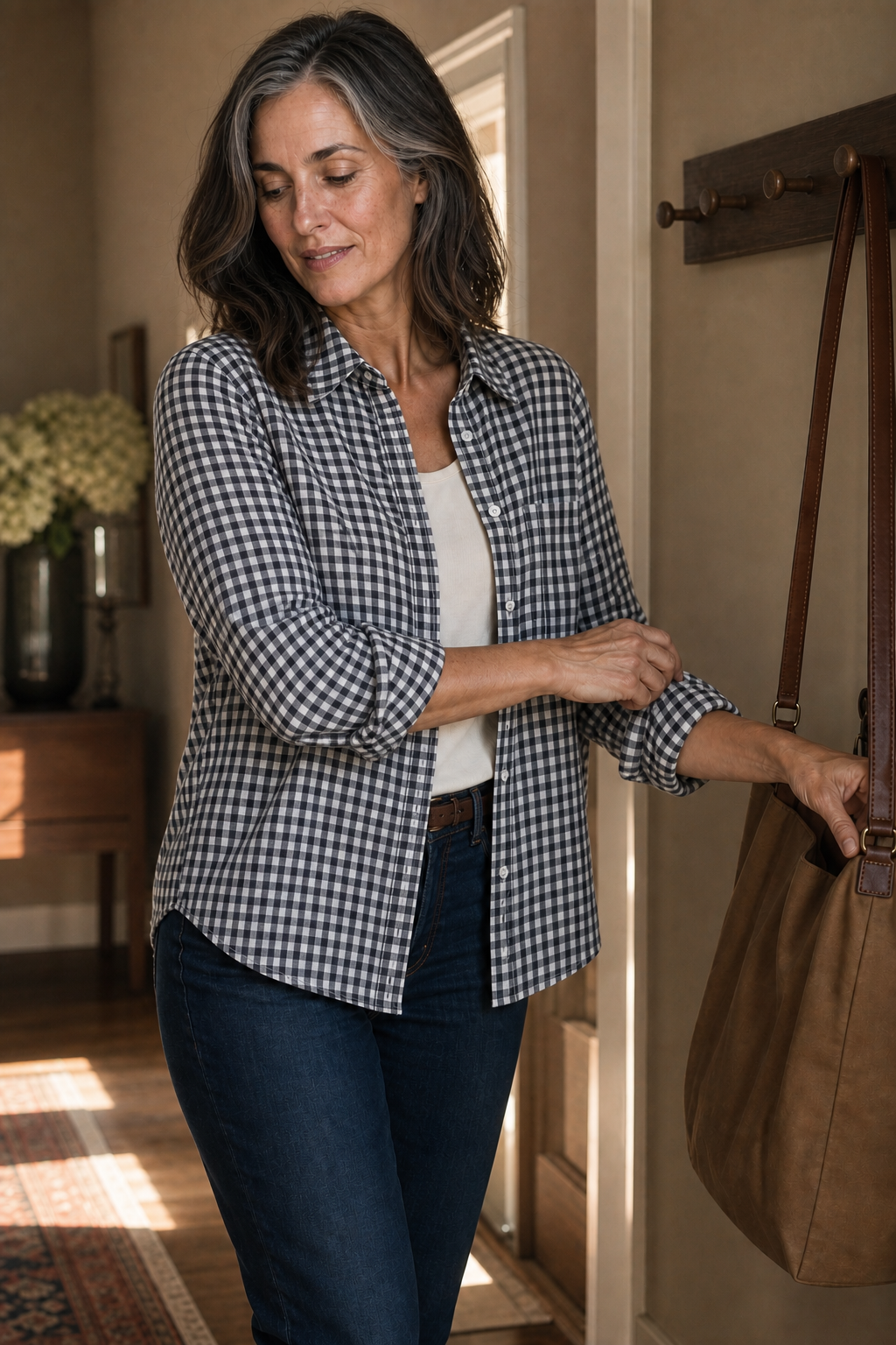 Checkered Long-Sleeve Button-Up Shirt For Women