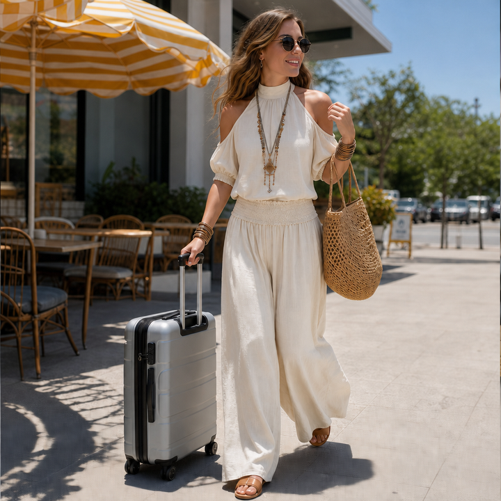 Driftbloom – Cold Shoulder Wide Leg Pants Set