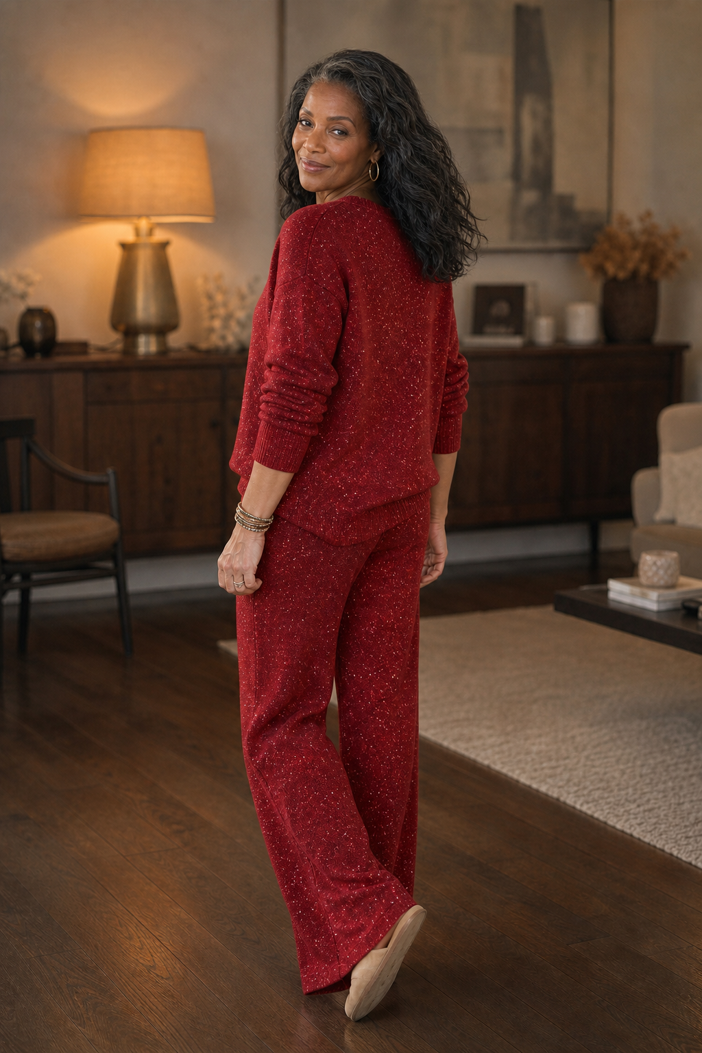 Sparklounge – Glitter-Knit Drawstring Sweater And Pants Set