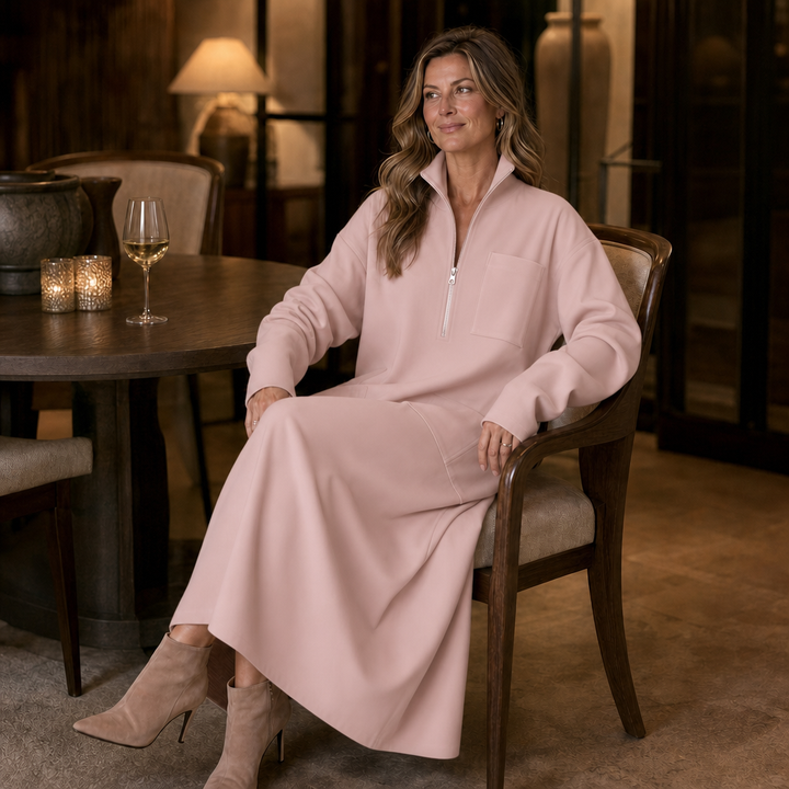Quarterglow – Quarter-Zip Ribbed Knit Midi Dress