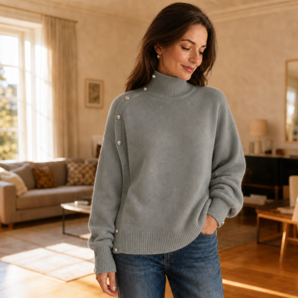Marlowe – Oversized Gold Button Mock-Neck Sweater