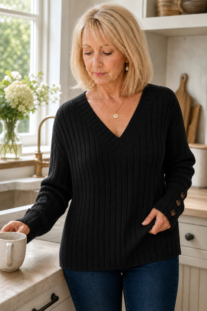 Mavenly – Ribbed V-Neck Button-Cuff Sweater