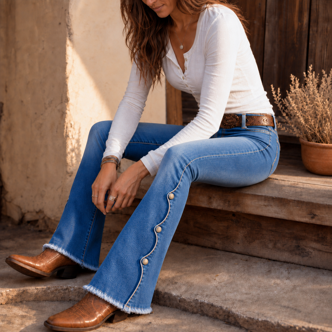 Flarelle – High-Waisted Scalloped Side-Button Flare Jeans