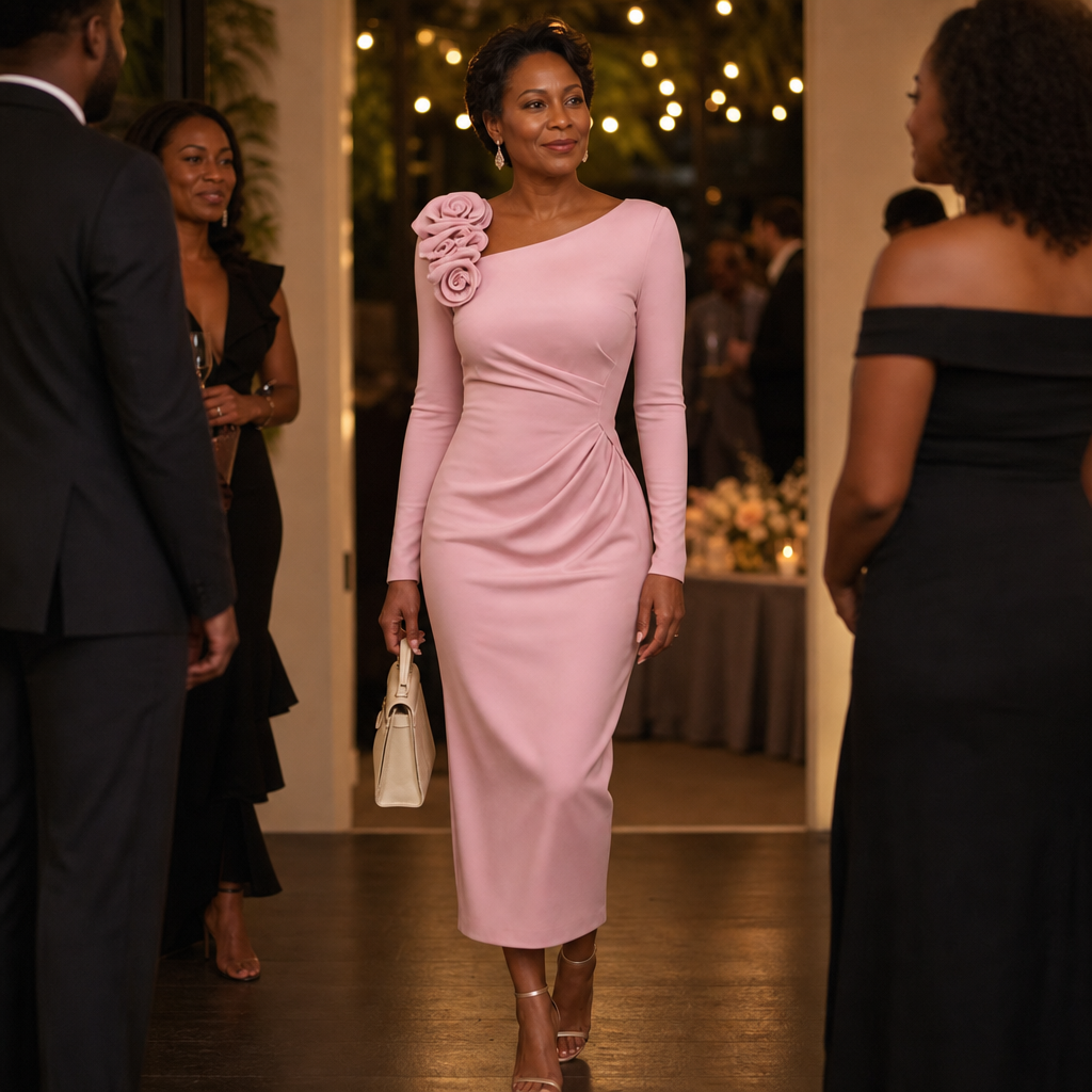 Rosevelle – 3D Rose Ruched Bodycon Midi Dress