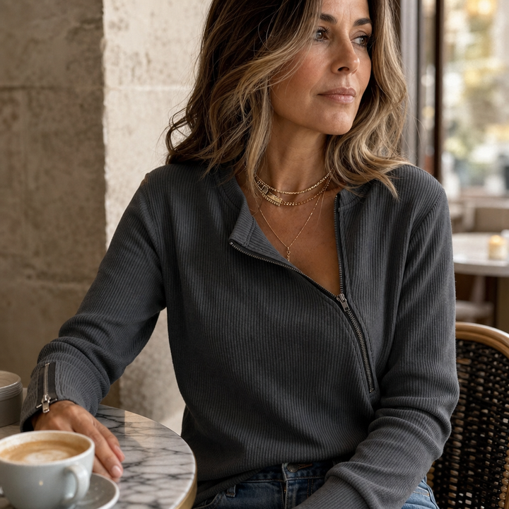 Layerly – Asymmetric Zip Ribbed Knit Top