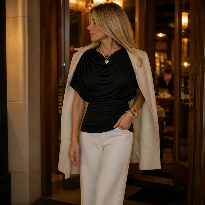 Wrapelle – Ruched Cowl-Neck Batwing Sleeve Top