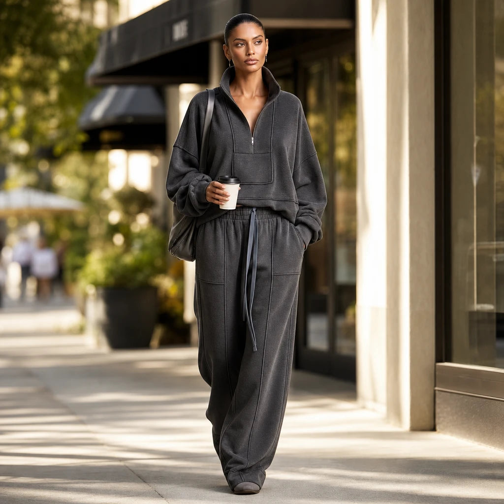 Veluna – Air-Layer Half-Zip Top And Wide-Leg Pants Set