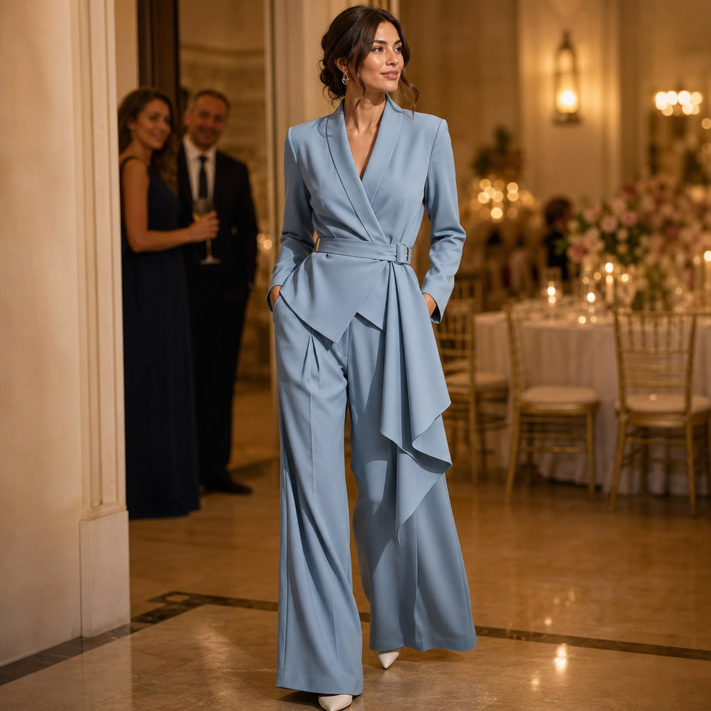 Drapevera – Buckle-Belted Wrap Blazer And Wide-Leg Trouser Set