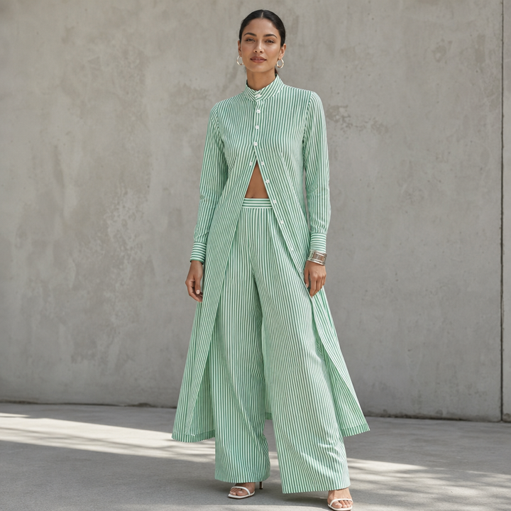 Wearbella – High-Low Striped Shirt And Wide-Leg Pants Set