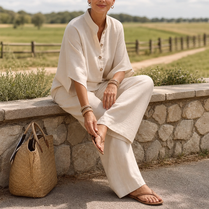 Wearlinne – Stand Collar Batwing Sleeve Linen Set