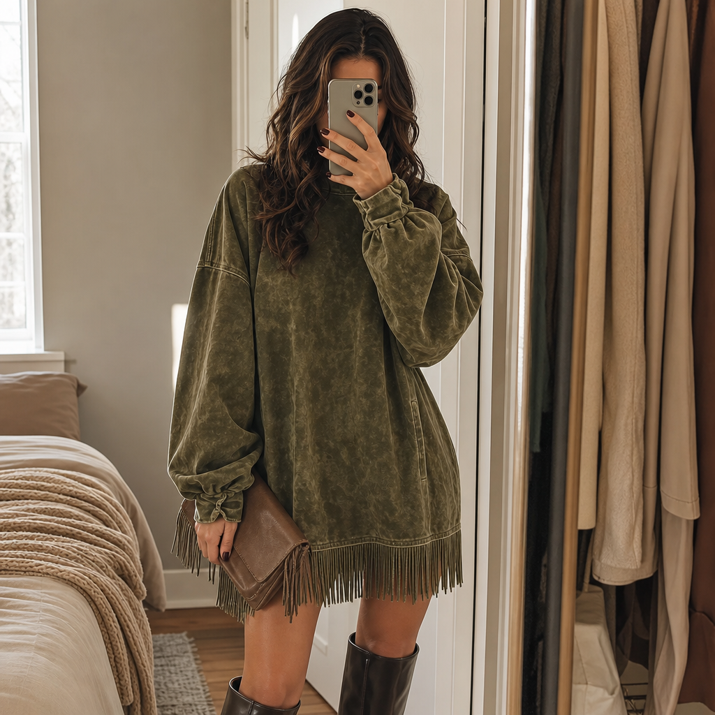 Swayelle – High-Neck Faux-Suede Fringe Mini Dress