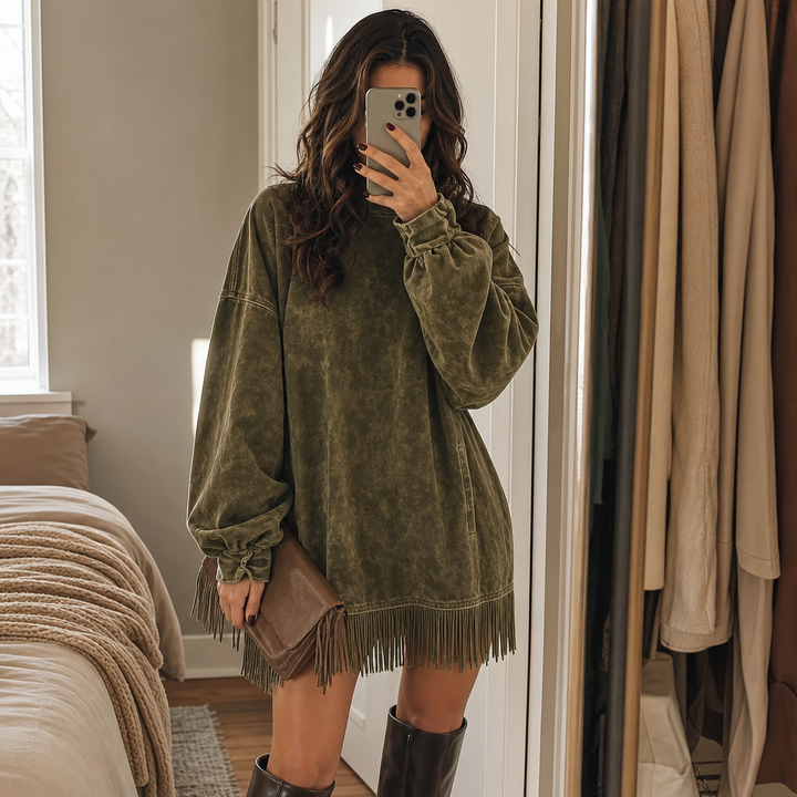 Swayelle – High-Neck Faux-Suede Fringe Mini Dress