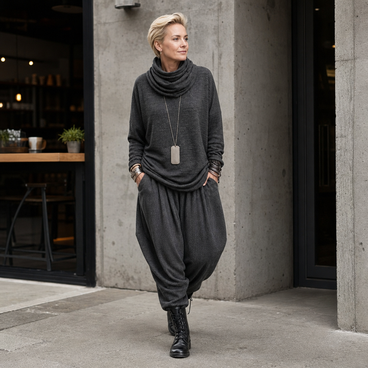 Pinstripe Poise – Draped High-Neck Top And Lantern Pants Set