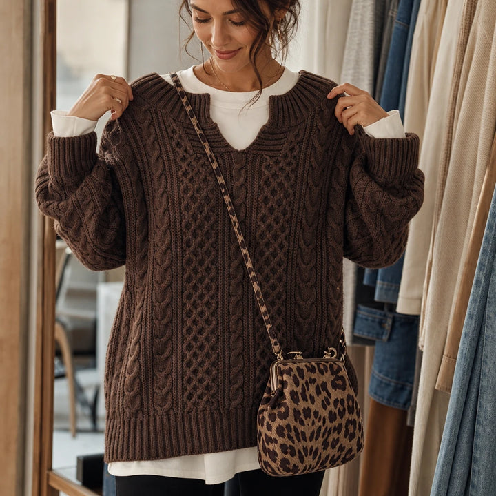 Layerella – Cable-Knit Mock-Layer V-Neck Sweater