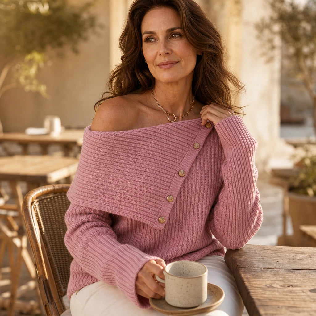 Velaine – Asymmetric Off-Shoulder Ribbed Sweater