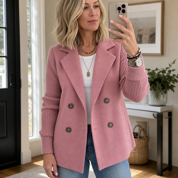 Wearbella – Knit-Sleeve Double-Breasted Blazer