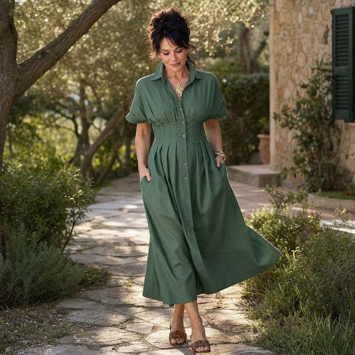 Solmara – Pleated Waist Button-Front Maxi Shirt Dress