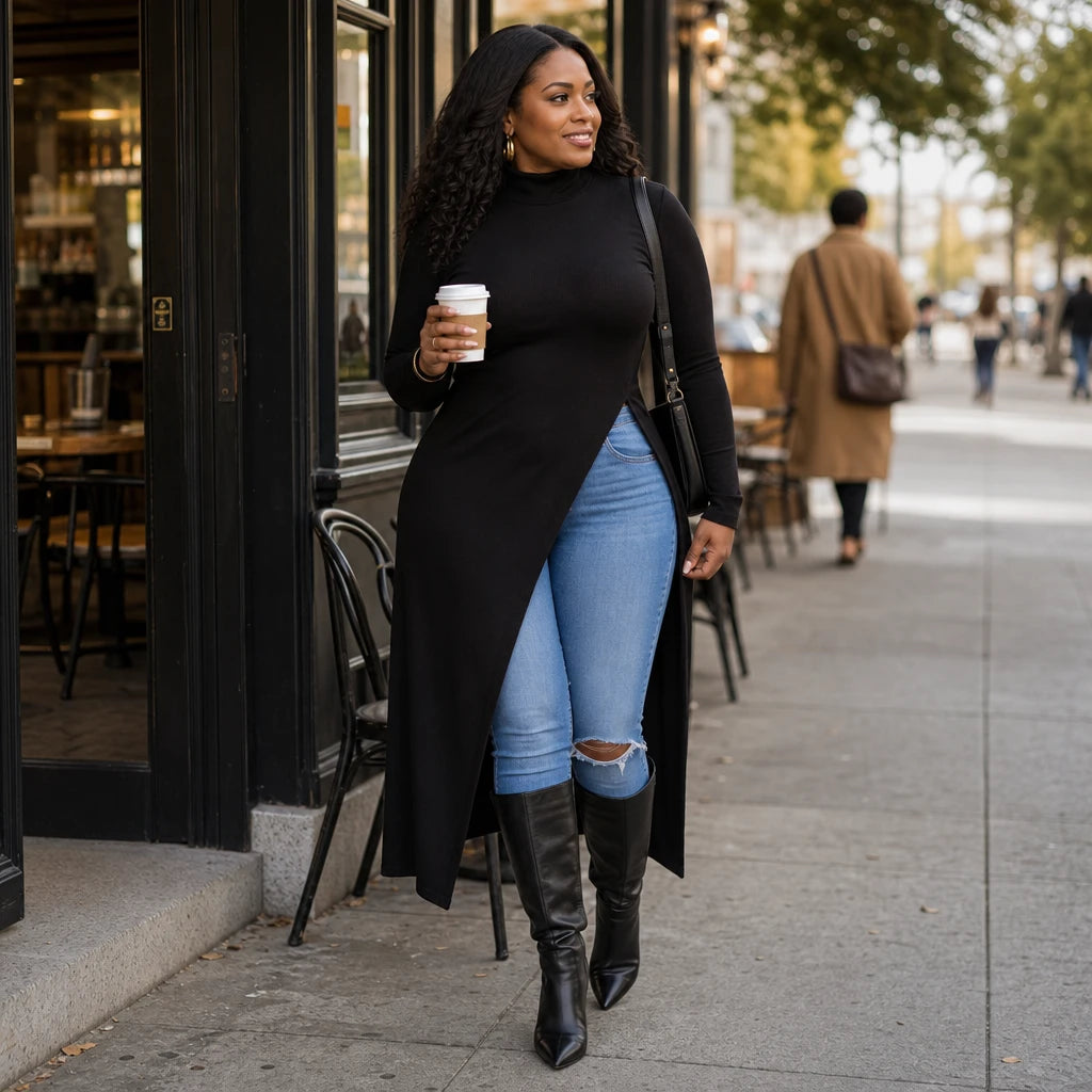 Wearbella – Asymmetric Hem Turtleneck Maxi Tunic