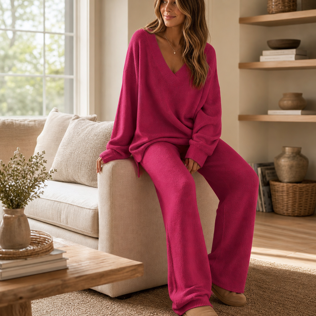 Vellora – V-Neck Knit Sweater And Wide-Leg Trouser Set