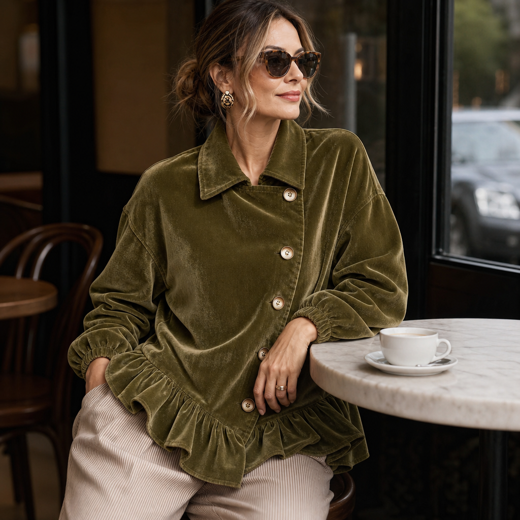 Velvetta – Asymmetric Button Cowl-Neck Peplum Top