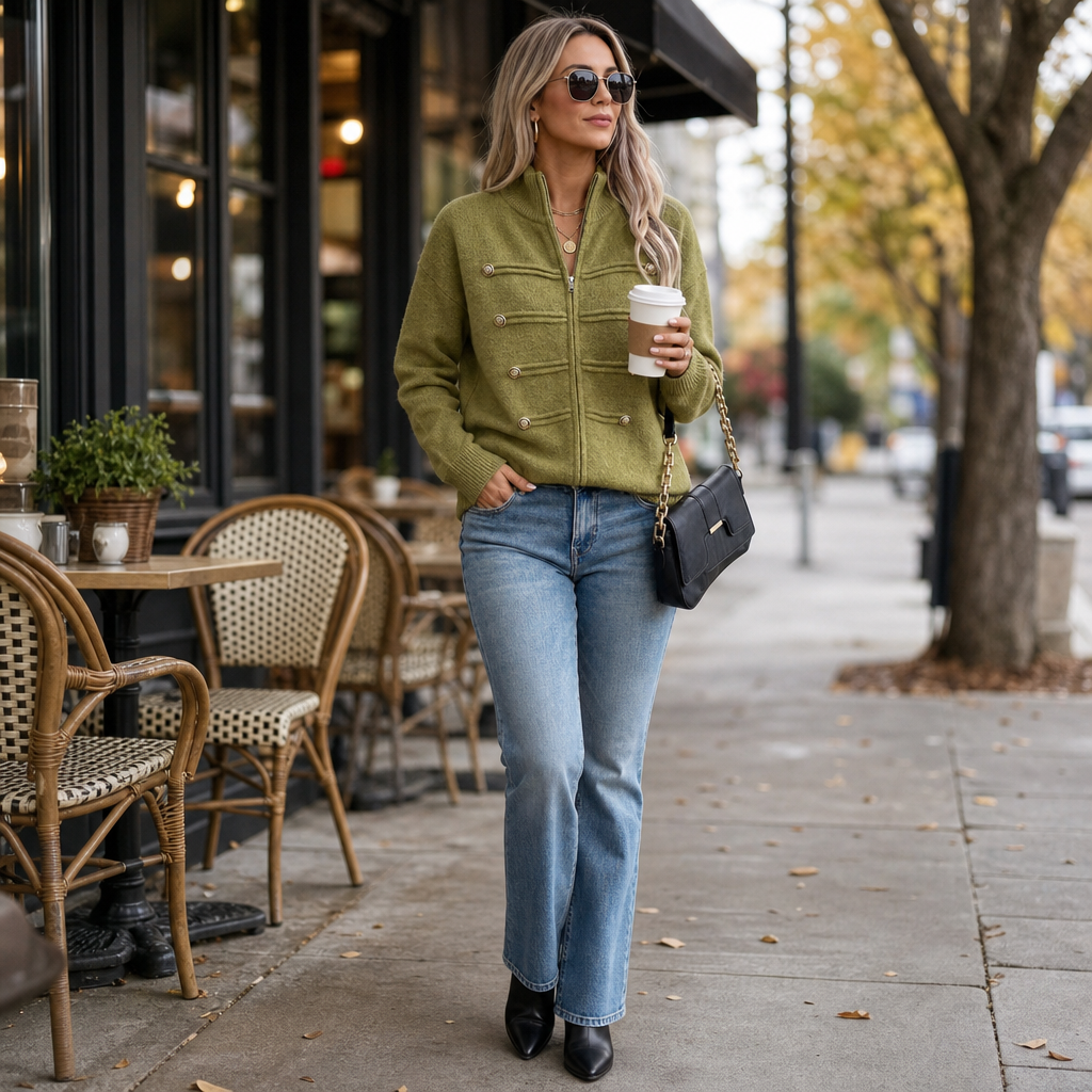 Mayfield – Gold Button Military-Style Knit Cardigan