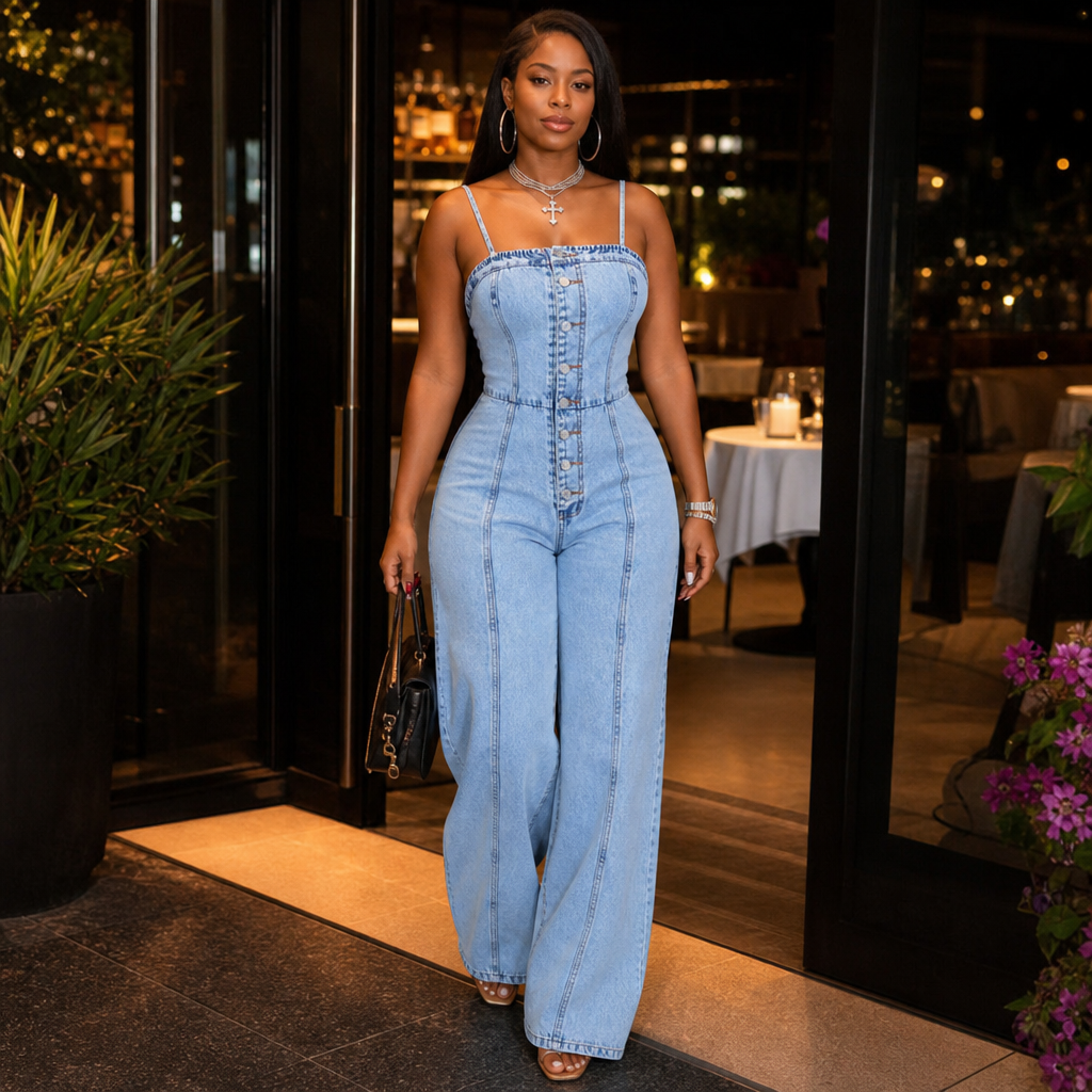 Wearbella – Wide Leg Spaghetti Strap Denim Jumpsuit