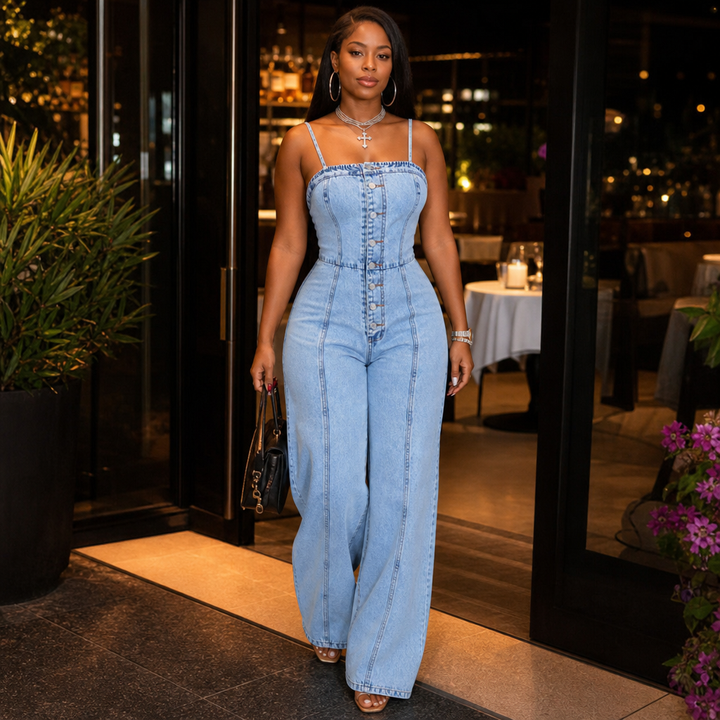 Wearbella – Wide Leg Spaghetti Strap Denim Jumpsuit