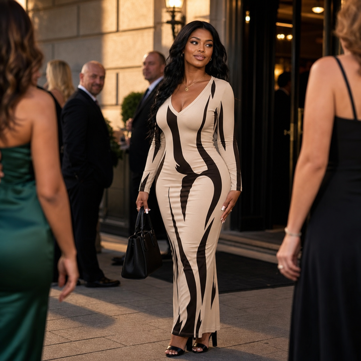 Vivelyn – Printed Long-Sleeve Bodycon Maxi Dress