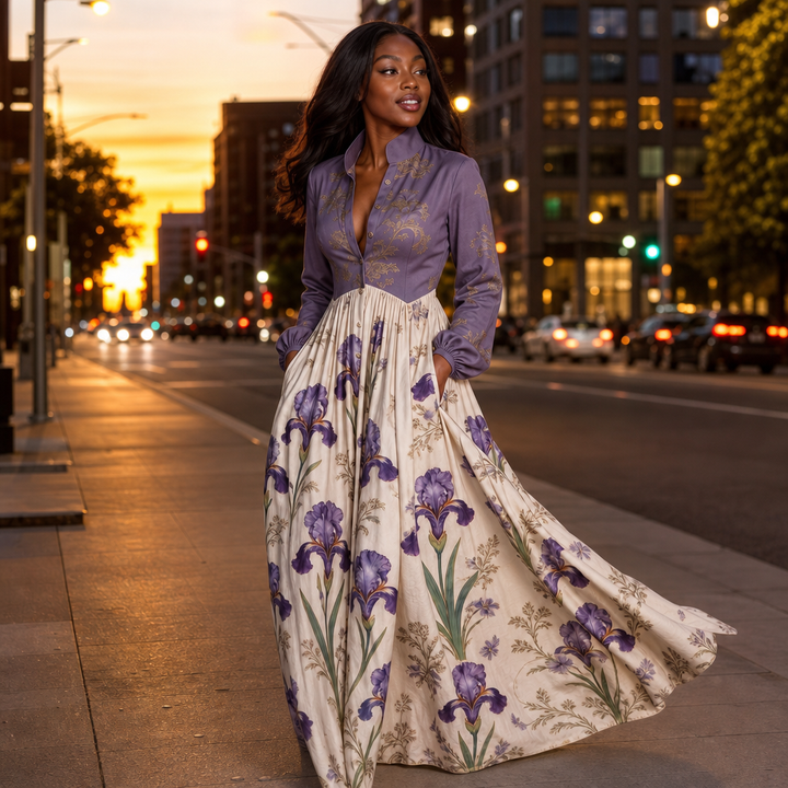 Wearbella – Contrast Stand Collar Pocketed Maxi Dress