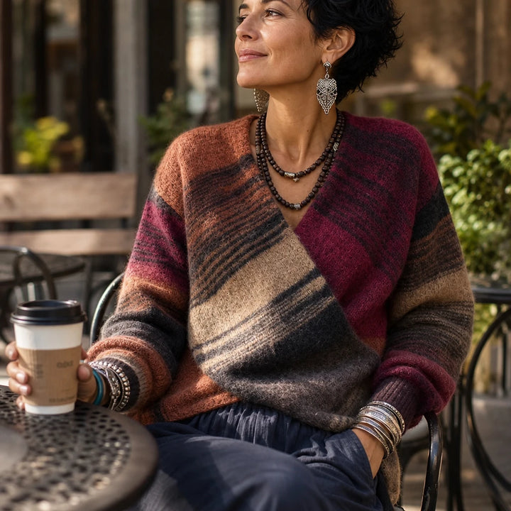 Wearbella – Multicolor Faux-Wrap Striped Knit Sweater