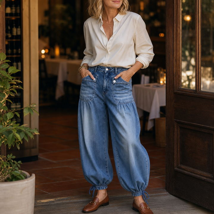 Balloon & Cinch – Drawstring Cuff Wide-Leg Balloon Jeans