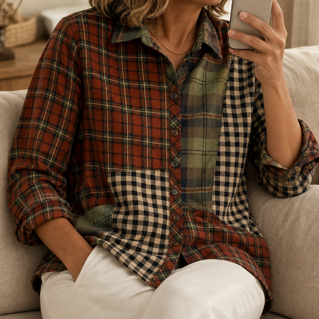 Plaidelle – Color-Block Patchwork Plaid Button-Up Shirt
