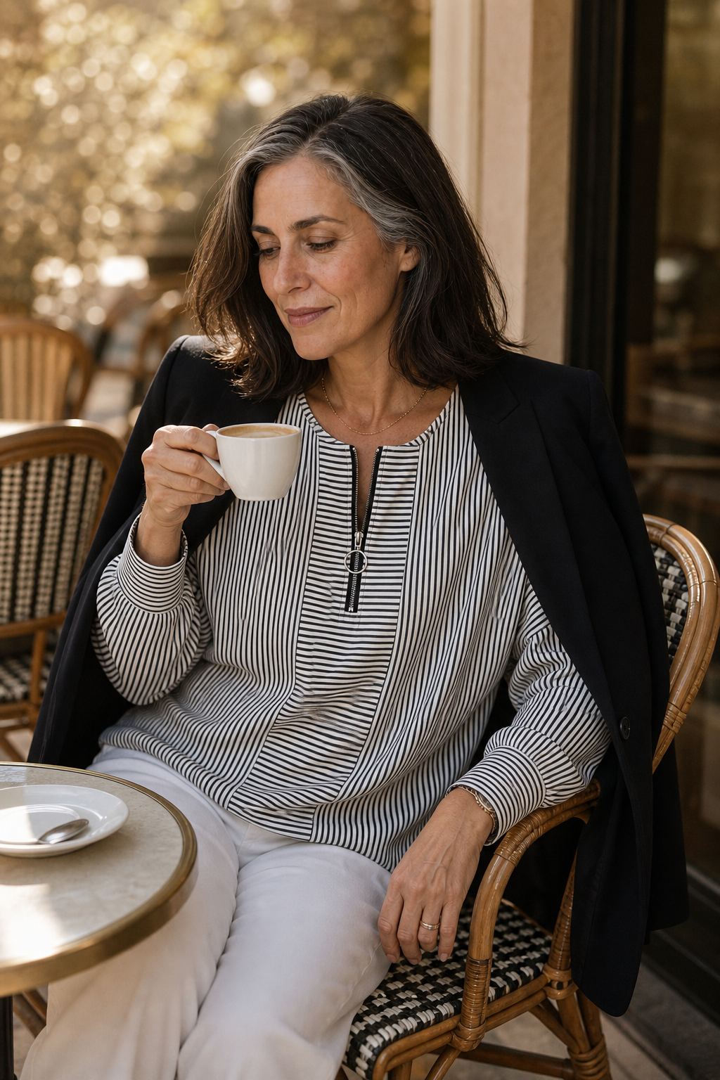 Everline – Striped Long Sleeve Zip-Up Top