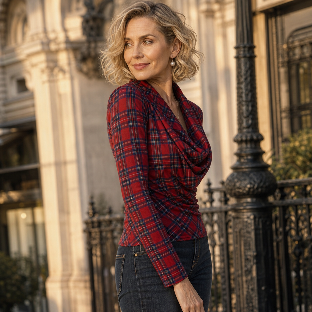 Plaidelle – Cowl-Neck Plaid Stretch Top