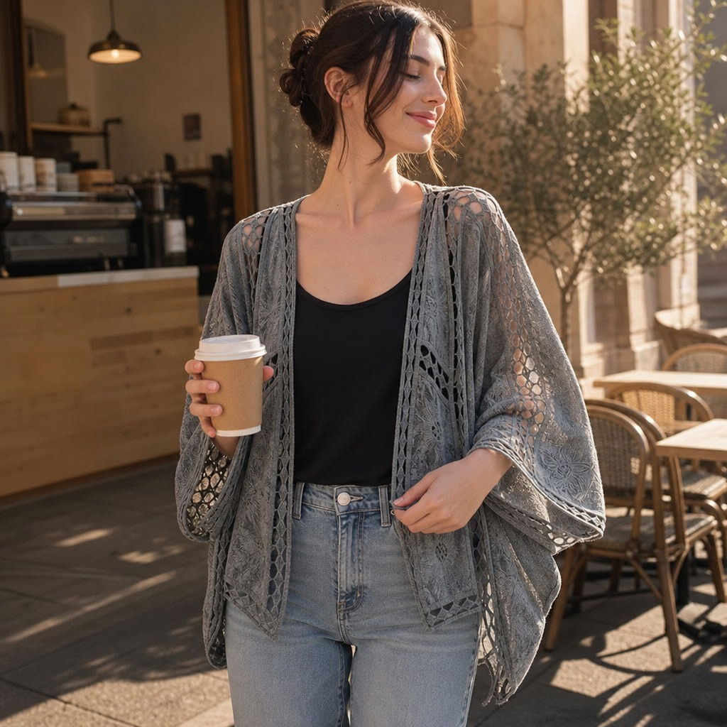 Wearbella – Crochet Trim Open-Front Cardigan