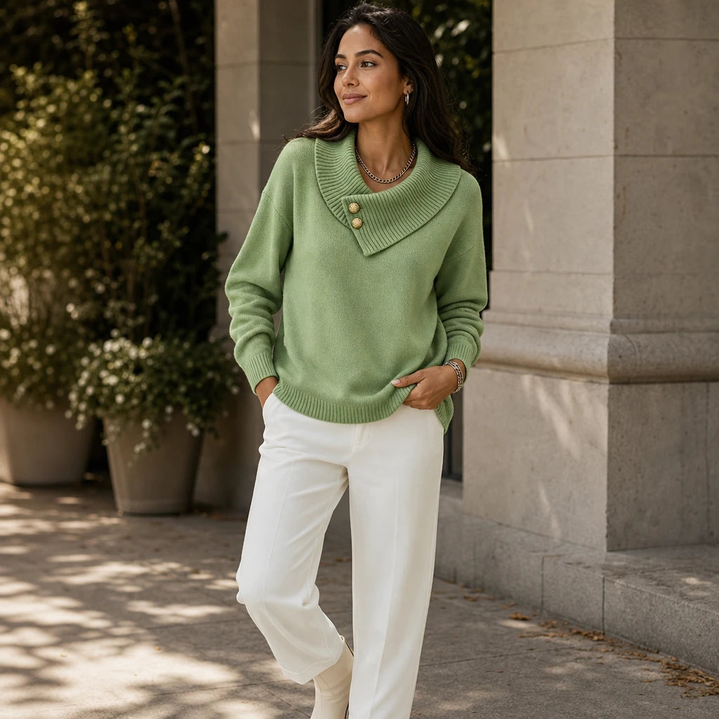 Foldelle – Asymmetrical Ribbed Collar Button Sweater